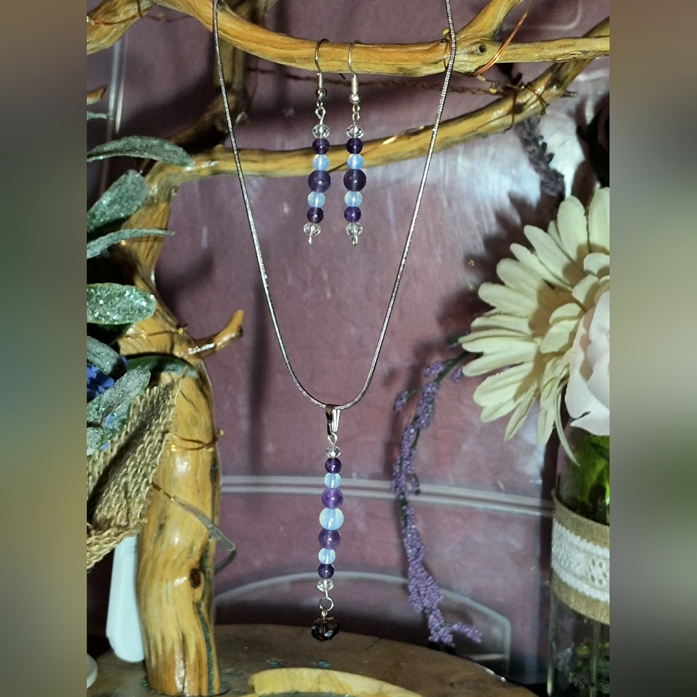 Elegant Genuine Amethyst & Opal  Necklace & Earring Set